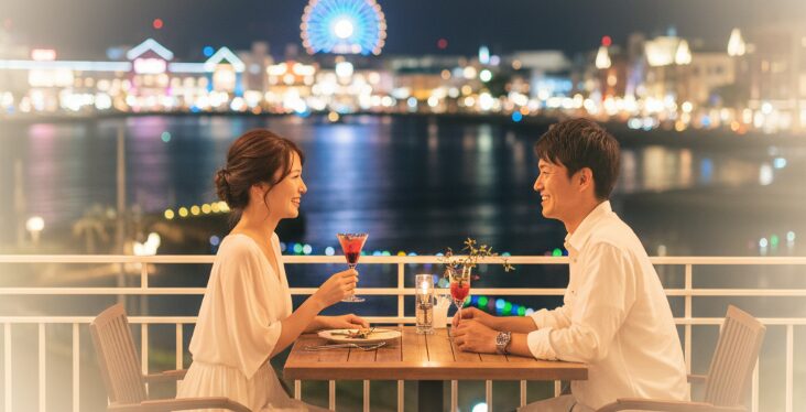 北谷アメリカンビレッジの夜景を望むおしゃれなレストラン。ムードの良い照明の下、ディナーデートを楽しむ男女のカップル。