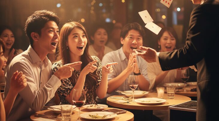 北谷のエンターテイメントレストランで、マジックショーを楽しむカップルたち。会話が弾むイベント付きの北谷デートディナーの様子を捉えた、活気あるソフトフォーカス写真。