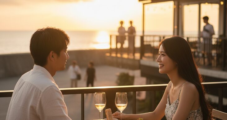 北谷の海沿いのレストランで、夕日を眺めながら手を取り合うカップル。ロマンチックな北谷デートディナーに最適な、美しいロケーションでの穏やかなひとときをソフトフォーカスで表現。