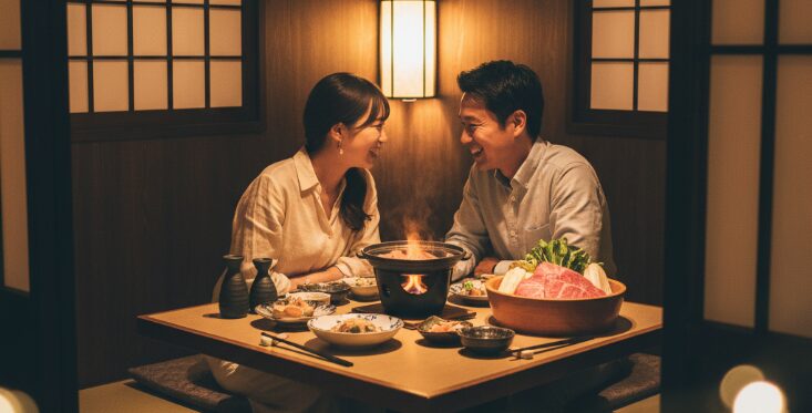 和風の落ち着いた個室で、周りを気にせず食事と会話を楽しむカップル。記念日など、特別な北谷デートディナーにもおすすめ。