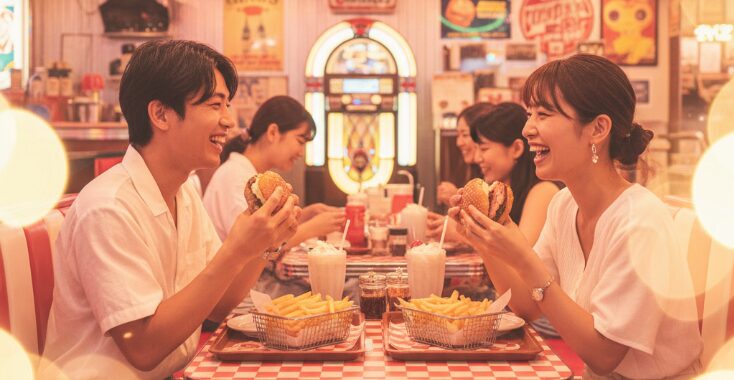 レトロでポップなダイナーでハンバーガーを楽しむカップル。北谷デートで気軽に立ち寄れる、安くて美味しいディナーのイメージ。