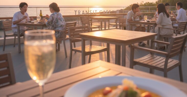 北谷で夕日を背景に食事を楽しむカップルと友人たち。人気のカフェ「Transit Cafe」でロマンチックな北谷デートディナーを満喫する様子を捉えたソフトフォーカス写真。
