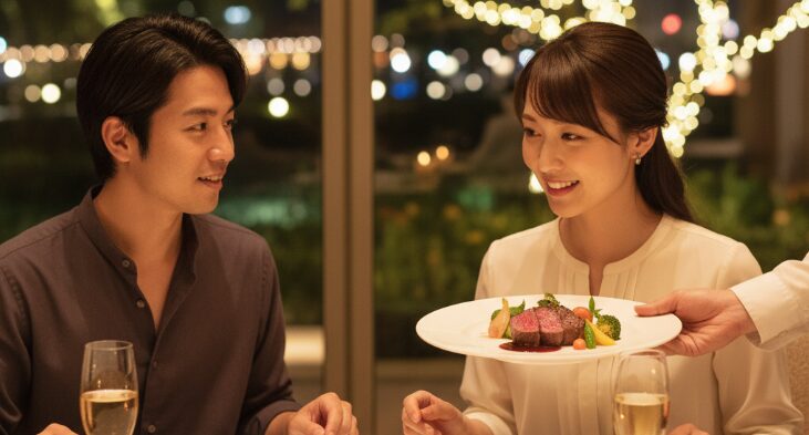 北谷のレストランで、特別な夜を彩るコース料理が提供される様子。笑顔のカップルが優雅に北谷デートディナーを楽しむ、温かい光に包まれたソフトフォーカス写真。