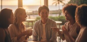 沖縄の海が見えるカフェで、日本人男性が外国人女性たちと出会い、楽しそうに会話している様子。夕暮れの温かい光の中、国際交流が生まれる瞬間を表現した一枚。