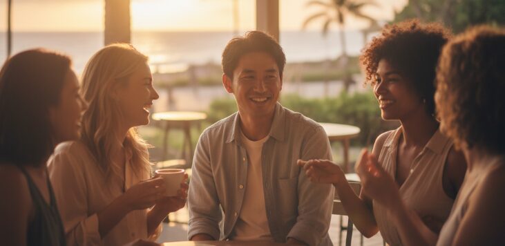 沖縄の海が見えるカフェで、日本人男性が外国人女性たちと出会い、楽しそうに会話している様子。夕暮れの温かい光の中、国際交流が生まれる瞬間を表現した一枚。