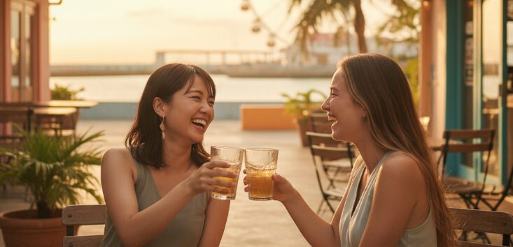 沖縄の魅力的なスポット、アメリカンビレッジで日本人女性と外国人女性が笑顔で乾杯。沖縄ならではの国際的な雰囲気の中で友情を育む、温かい夕暮れ時の光景。