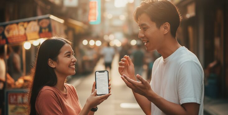 沖縄の街中で、マッチングアプリを通じて出会った男女が笑顔で会話。アプリを上手に活用して、理想の出会いを見つけるコツを表現。
