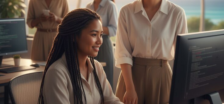 沖縄のIT企業で働く日本人女性と外国人女性。海が見える開放的なオフィスで協力し合う姿は、沖縄でのキャリアを通じた新しい出会いと国際協力を示している。