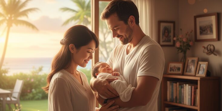 沖縄の自宅で、国際結婚した日本人女性と外国人男性が赤ちゃんを優しく抱く。沖縄での出会いを経て築かれた、愛情に満ちた多文化な家族の幸せな時間を切り取った一枚。