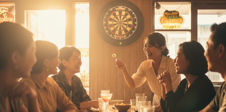 沖縄のインターナショナルバーでダーツを楽しむ人々。外国人女性との出会いが期待できる、活気ある交流の場の雰囲気。
