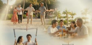 沖縄の柔らかな光の中で、ビーチでの交流やカフェで談笑する日本人グループ、海上アクティビティを楽しむカップルなど、出会いを楽しむ多様なシーンをソフトフォーカスで表現。「沖縄で出会いがない」という悩みを解決する出会いの場を包括的に示す画像。