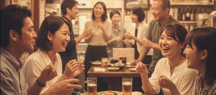 沖縄の温かい雰囲気の居酒屋で、地元の日本人が料理とお酒を囲んで楽しそうに会話している様子。リアルな出会いの場での自然な交流を、柔らかな光とソフトフォーカスで表現し、「沖縄で出会いがない」を解決するヒントを示す画像。