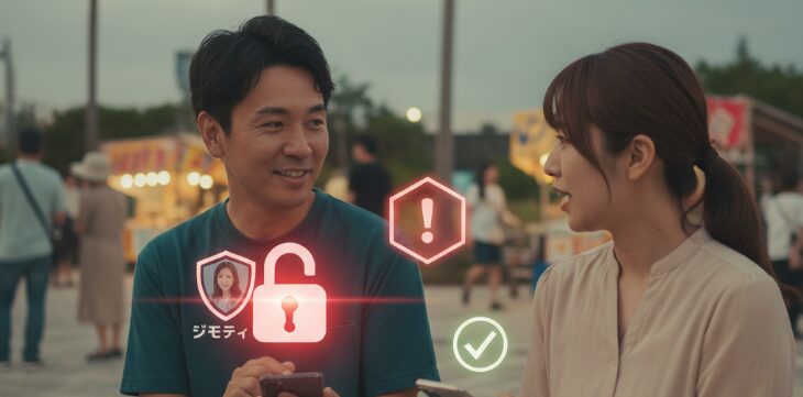 沖縄の公園で、スマートフォンを見ながら真剣な表情で話す日本人男女。ジモティー利用時のリスク管理の重要性を表現し、「沖縄で出会いがない」状況で安全な出会いを求める人への注意喚起を促すソフトフォーカス写真。