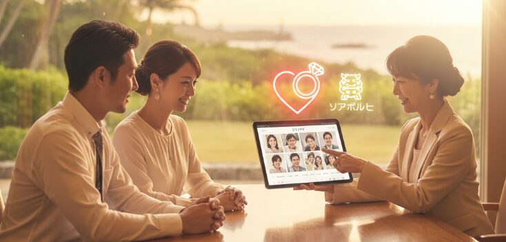 沖縄のホテルラウンジで、結婚相談所の担当者とタブレットを見ながら相談する日本人カップル。真剣に結婚を考える「沖縄で出会いがない」と感じる人々が、プロのサポートを受けてパートナー探しを進める様子をソフトフォーカスで描写。