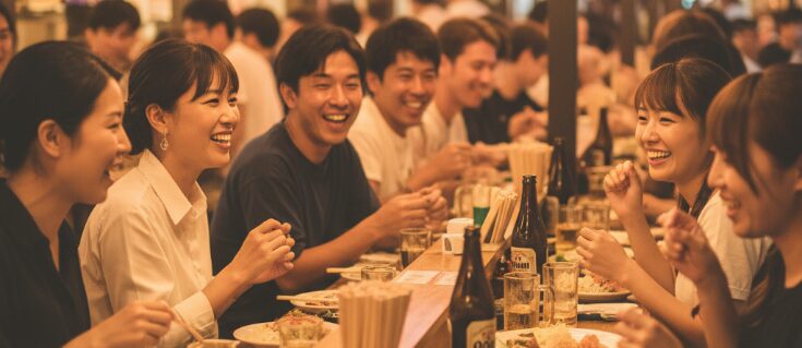 沖縄の国際通り屋台村で、提灯の明かりの下、日本人が美味しい沖縄料理を囲んで賑やかに楽しんでいる風景。観光客と地元民が混ざり合う、国際通りでの出会いの可能性を柔らかな光とソフトフォーカスで表現。「沖縄で出会いがない」と感じる人へ。
