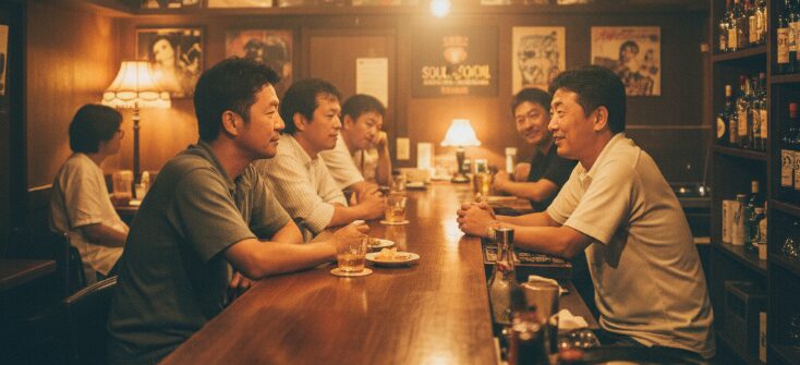 那覇市久茂地にあるミュージックバー「SOUL TO SOUL」のような落ち着いた雰囲気のバーで、カウンター席に座る日本人がマスターや他のお客さんと談笑している様子。1人でも安心して「沖縄で出会いがない」を解消できる場所をソフトフォーカスで表現。