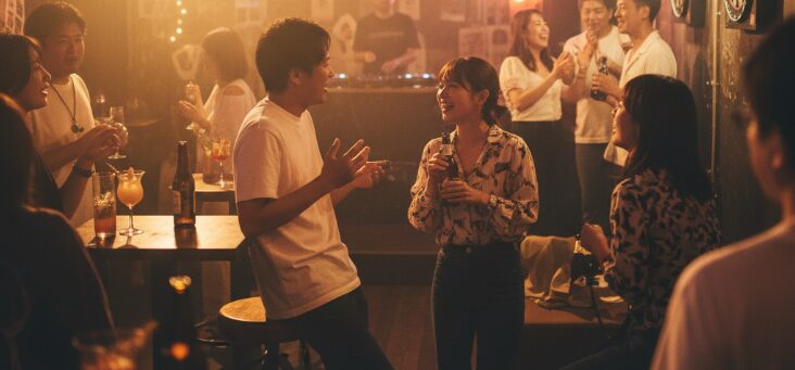 沖縄のスタンディング形式のバーで、日本人がDJブースやダーツを背景に、自由に動き回りながら交流を楽しんでいる様子。スイッチバーの代替となる、活気ある出会いの場を柔らかな光とソフトフォーカスで表現。「沖縄で出会いがない」解決のヒント。