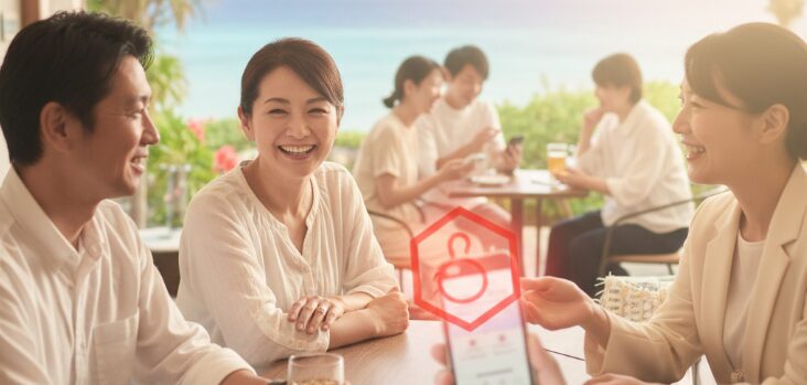 沖縄の美しい海を背景に、カフェで笑顔で交流する40代の日本人男女。タブレットやスマートフォンを使い、落ち着いた雰囲気の中で「沖縄で出会いがない」という悩みを解決し、新たな出会いを見つける様子をソフトフォーカスで表現。