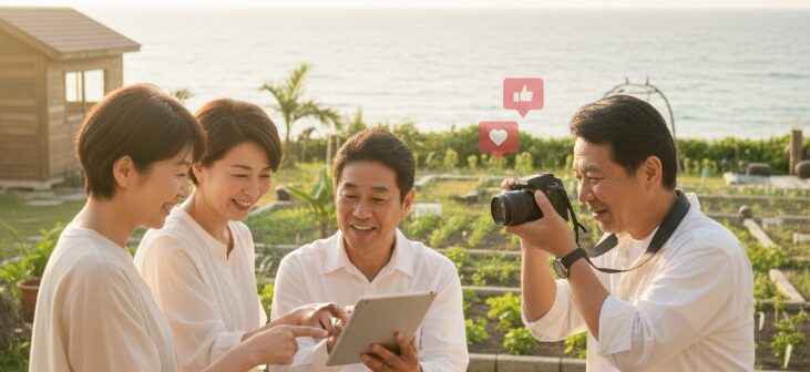 沖縄の夕焼け空の下、海辺のデッキで楽しそうに写真を見せ合う50代の日本人男女グループ。共通の趣味を通じて「沖縄で出会いがない」と感じる50代が、自然な形でパートナーを見つける温かい瞬間をソフトフォーカスで描写。