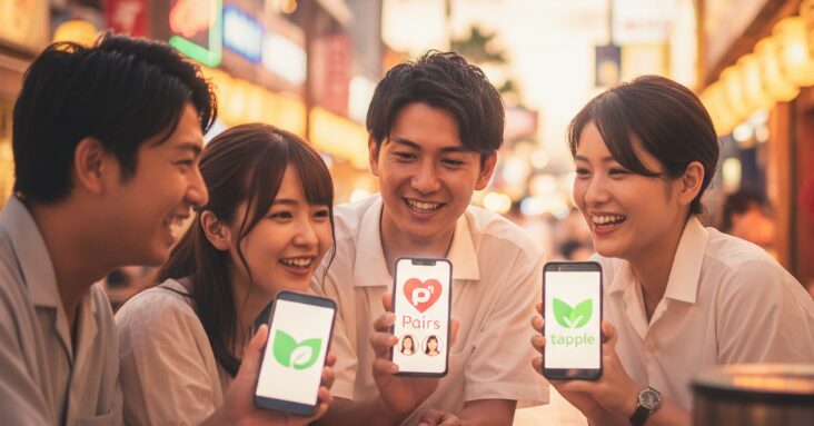 沖縄の賑やかな夜の街で、スマートフォンを手に笑顔でマッチングアプリの画面を見せる20代~30代の日本人男女。沖縄でのマッチングアプリの利用が一般的になっている現状と「沖縄で出会いがない」を解決するツールとしての活用をソフトフォーカスで表現。