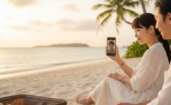 沖縄の美しいビーチで、遠距離恋愛中の日本人カップルがスマートフォンでビデオ通話を楽しむ様子。夕日が柔らかな光を投げかけ、温かい雰囲気を醸し出すソフトフォーカス写真。