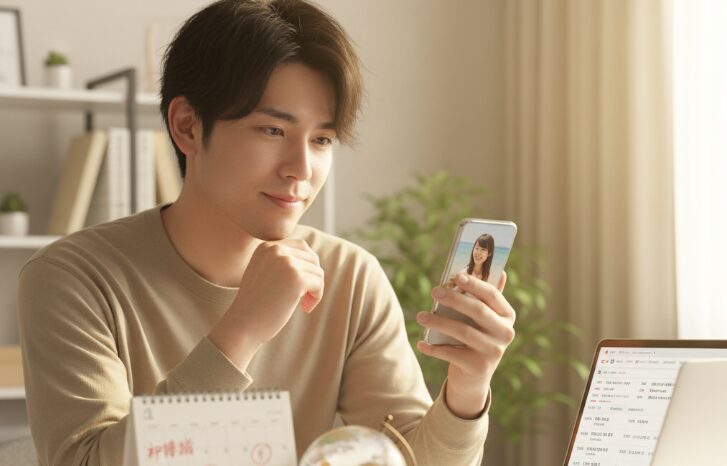 遠距離恋愛中の日本人の男性が、スマートフォンで彼女の写真を見ながら、カレンダーに次の沖縄旅行の予定を書き込んでいる。会う頻度を計画する様子をソフトフォーカスで表現。