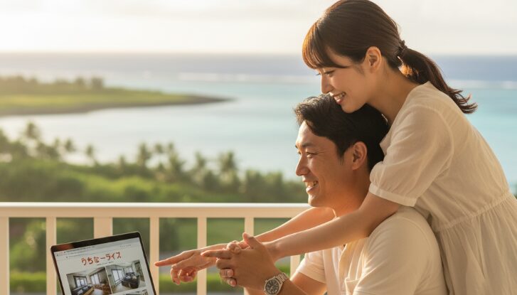 沖縄のオーシャンビューのテラスで、日本人のカップルがパソコンで沖縄の不動産情報を見ながら移住を計画。恋人を追って新たな生活を始める決断の瞬間。