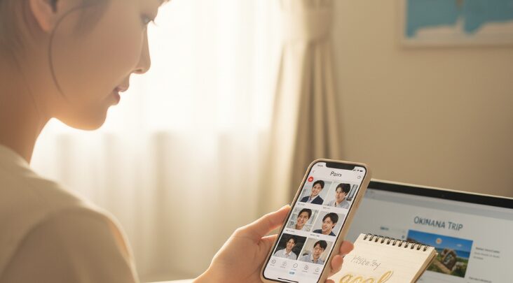 遠距離から婚活を始める日本人女性が、スマートフォンでマッチングアプリを使い、目標を書き込んでいる。沖縄での幸せな未来を見据える姿をソフトフォーカスで表現。
