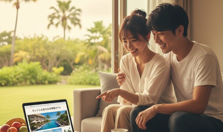 沖縄のホテルで、日本人カップルがノートパソコンで観光情報を調べながら、泊まりデートの計画を立てる様子。楽しい時間を過ごすための準備に笑顔がこぼれる。