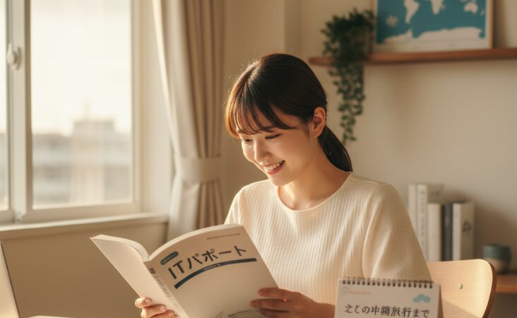 沖縄の遠距離恋愛で会えない時間を有効活用する日本人女性。ITパスポートの参考書を読み、自分磨きに励むポジティブな姿を柔らかな光で捉えたソフトフォーカス写真。