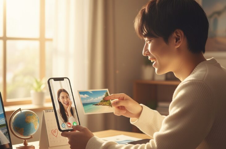 沖縄との遠距離恋愛で、日本人男性がスマートフォンでビデオ通話中の彼女に、沖縄の風景写真を見せながらコミュニケーションを取っている。質の高い連絡を心がける様子。