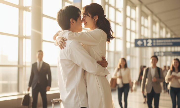 空港の到着ロビーで、沖縄での遠距離恋愛を乗り越え、久しぶりの再会を果たした日本人カップルが抱き合っている。感動的な瞬間を柔らかな光で捉えたソフトフォーカス写真。