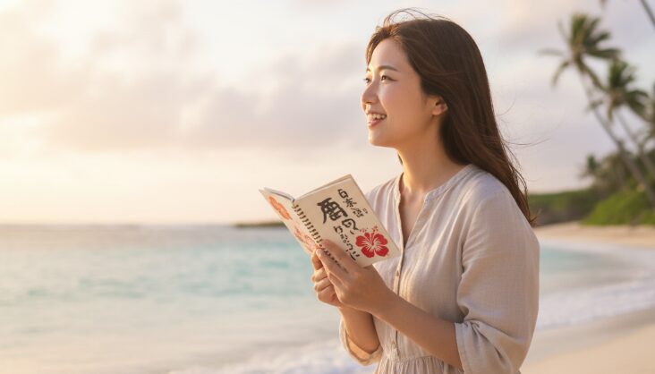 沖縄の美しいビーチで、柔らかな夕日を浴びながら方言の本を読む日本人女性。沖縄の方言を学ぶ楽しさと、方言好きの気持ちを表現。