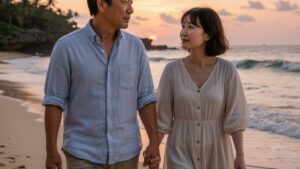 沖縄の方言が好きという方に向けて、夕暮れの浜辺で穏やかに言葉を交わす日本人の男女を描いた、情緒的で温かみのあるスナップ写真風の画像。