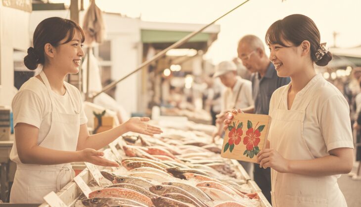 沖縄の市場で、地元の人々が活気ある会話を交わす様子。日々の生活で「よく使う沖縄の方言」が飛び交う温かい交流が伝わるシーン。