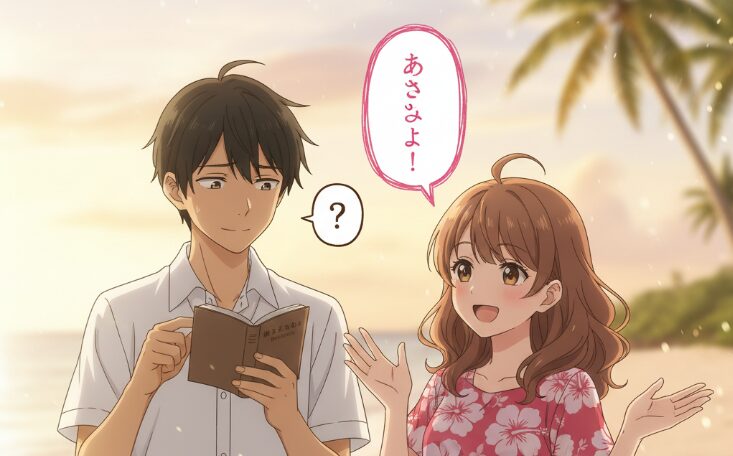 沖縄のビーチで、方言が分からない日本人男性と、楽しそうに沖縄方言を話す日本人女性のアニメイラスト。沖縄方言が好きになる、人気漫画「沖ツラ」の世界観を表現した可愛らしい描写です。