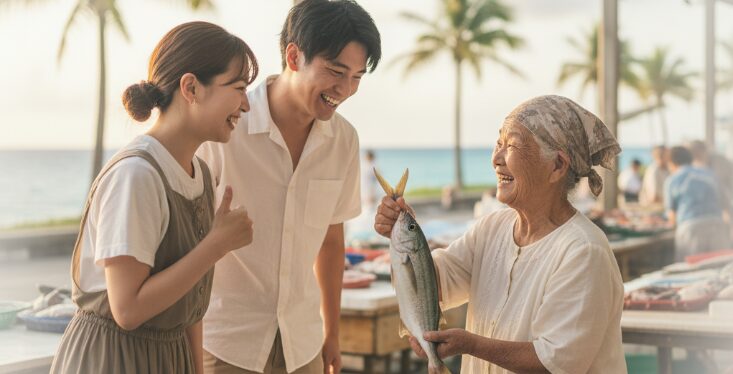 沖縄の魚市場で、笑顔の日本人カップルが地元のおばあから魚を選んでいる交流の様子。現地の人との交流を通じて、沖縄方言が好きになる心温まる瞬間を捉えたソフトフォーカス写真です。