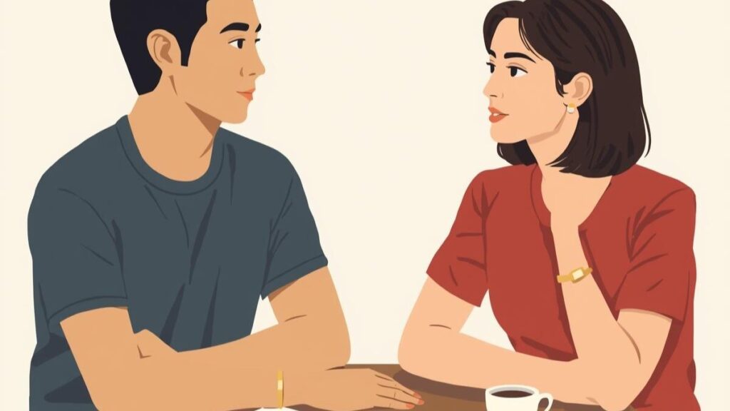 カフェで和やかに話す30代の男女。沖縄の方言好きであることを知識として共有し、互いの文化を大切にする心地よい大人の関係性を描いています。