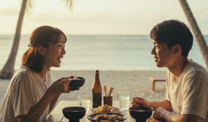 沖縄の海辺のオープンなレストランで、楽しそうに食事をする若いカップル。笑顔で会話する二人の姿が、「かわいい沖縄方言」の響きを連想させる。
