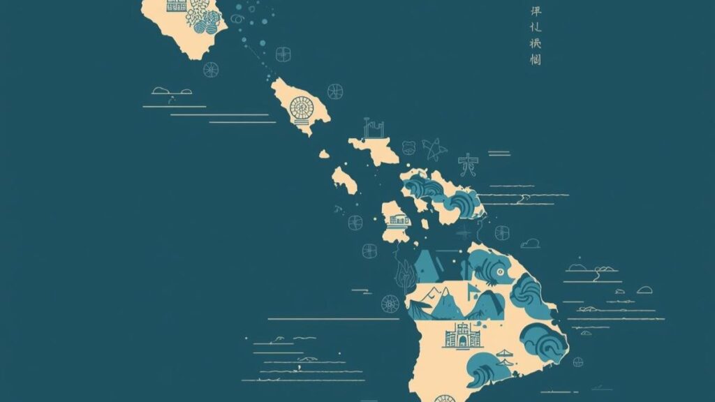 沖縄の島のシルエットと温かみのあるアイコンを組み合わせた図解。沖縄の方言好きに向けて、言葉の背景にある歴史や精神性を深く分析するイメージを表現しています。
