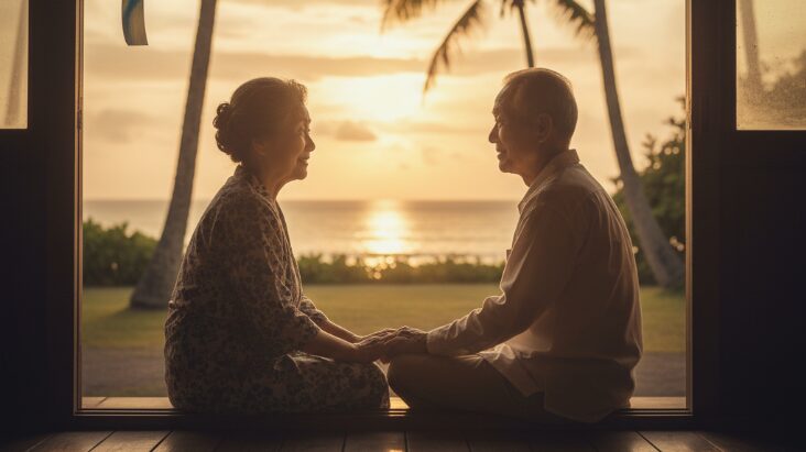 沖縄の伝統的な家屋から夕日を眺める年配の日本人夫婦。手を取り合い、人生の重みを感じさせる「沖縄の方言の素敵な言葉」を象徴する一枚。