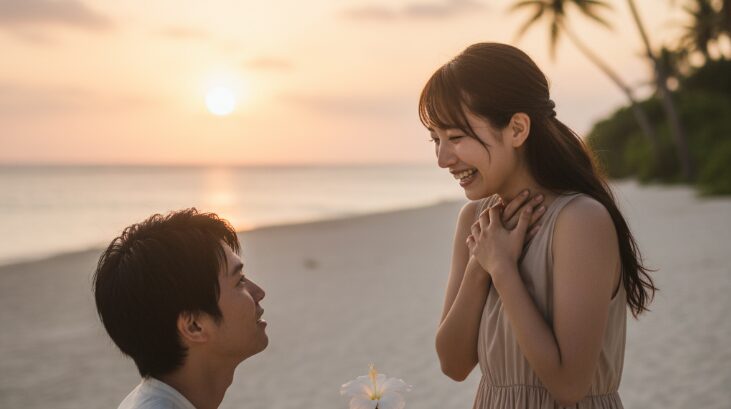 沖縄の夕暮れのビーチで、男性が女性に花を差し出して告白するロマンチックな瞬間。「告白で使える沖縄方言」で愛を伝える感動的なシーン。