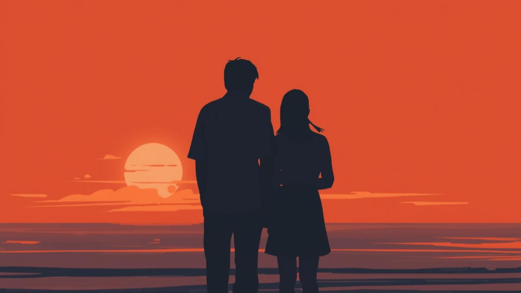 夕暮れの海辺で向き合う誠実な男女のイラスト。沖縄の方言好きが「同志」として信頼されるために大切な、飾らない姿勢と深い信頼関係を描いています。