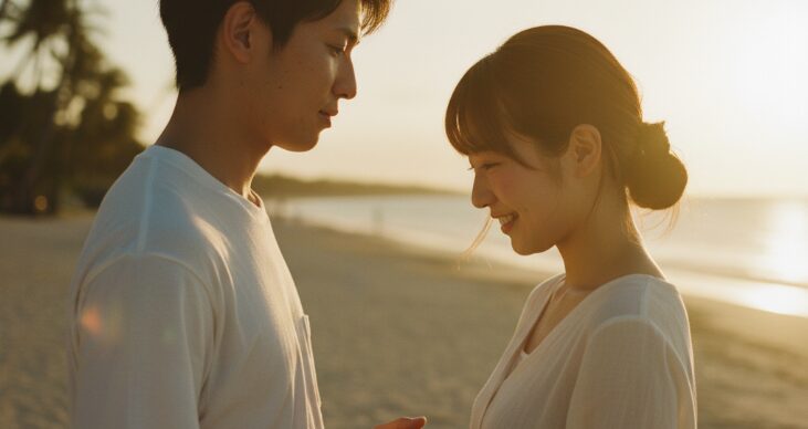 沖縄のビーチで、手を取り合って見つめ合う若いカップル。心温まる夕日の光が、「あなたが好き」という沖縄方言での伝え方を優しく包み込む。