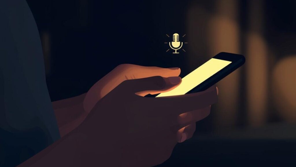 スマホを持つ親しみやすい手元のイラスト。沖縄の方言好きの男性が、メッセージから自然に声のコミュニケーションへ繋げる返信のコツを表現しています。