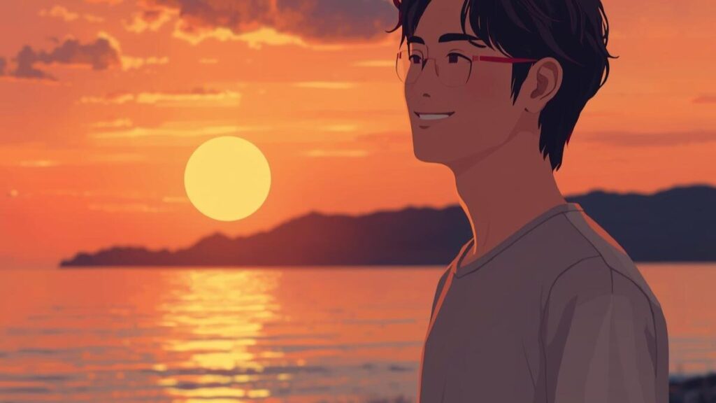 夕暮れの海辺でリラックスした笑顔を見せる30代男性。沖縄の方言好きの読者が、真心を持って向き合うことで得られる幸せな結末をイメージした画像です。