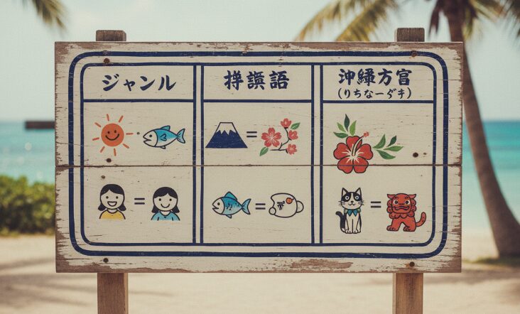 沖縄の美しいビーチを背景に、沖縄方言と標準語の対応表が描かれた木製看板。沖縄方言が好きになるきっかけとなる、日常で役立つ言葉が紹介されています。