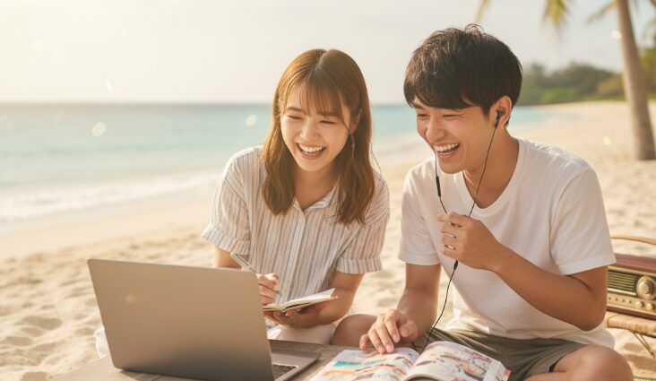 沖縄の海辺で、笑顔の日本人カップルがノートパソコンと雑誌を見ながら沖縄方言を楽しく学んでいる様子。沖縄の文化を楽しみながら、方言が好きになる瞬間を捉えたソフトフォーカス写真です。