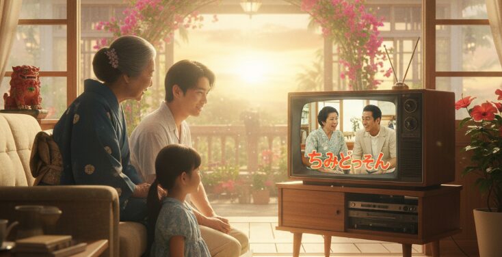 沖縄の家で、日本の家族がテレビで沖縄方言のドラマを鑑賞している温かい風景。ちむどんどんする沖縄の方言が出てくるドラマを通じて、沖縄方言が好きになるきっかけを提供する一枚です。