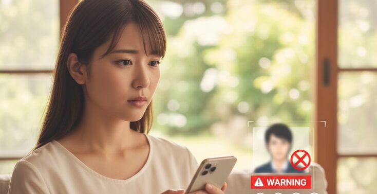 沖縄移住者が出会い方を探す中で、マッチングアプリ上で注意すべき人物(プロフィールが不審な男性)に警戒心を抱く女性のソフトフォーカス写真。安全な出会い方のための注意点を示す。
